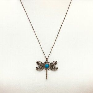 Dragonfly Necklace with Turquoise in Vintage Gold